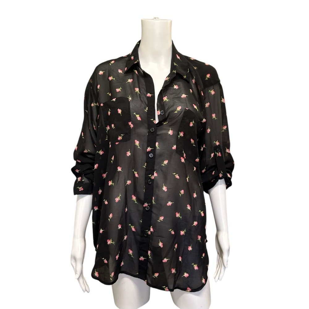 Victoria's Secret Black Pink Rose Bud Semi Sheer Blouse Size M